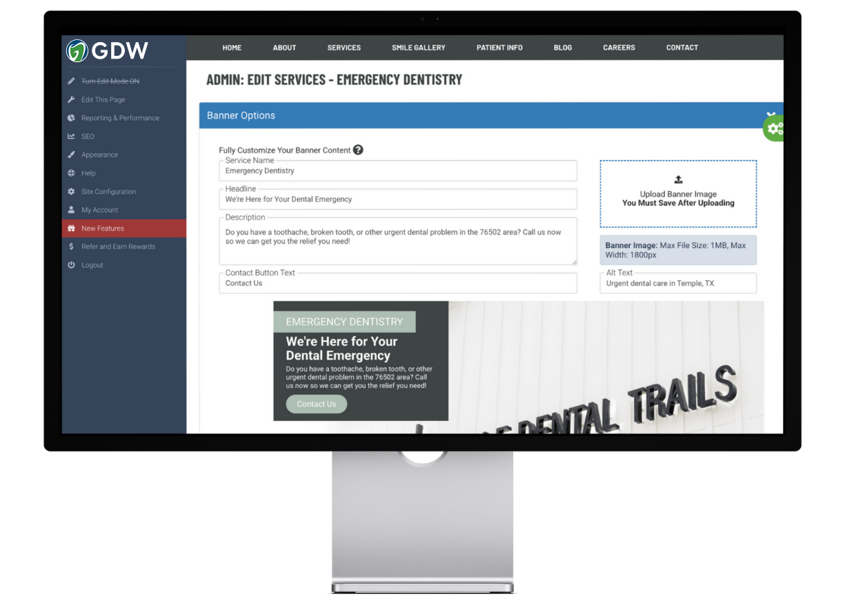 Inside view of our dental website CMS