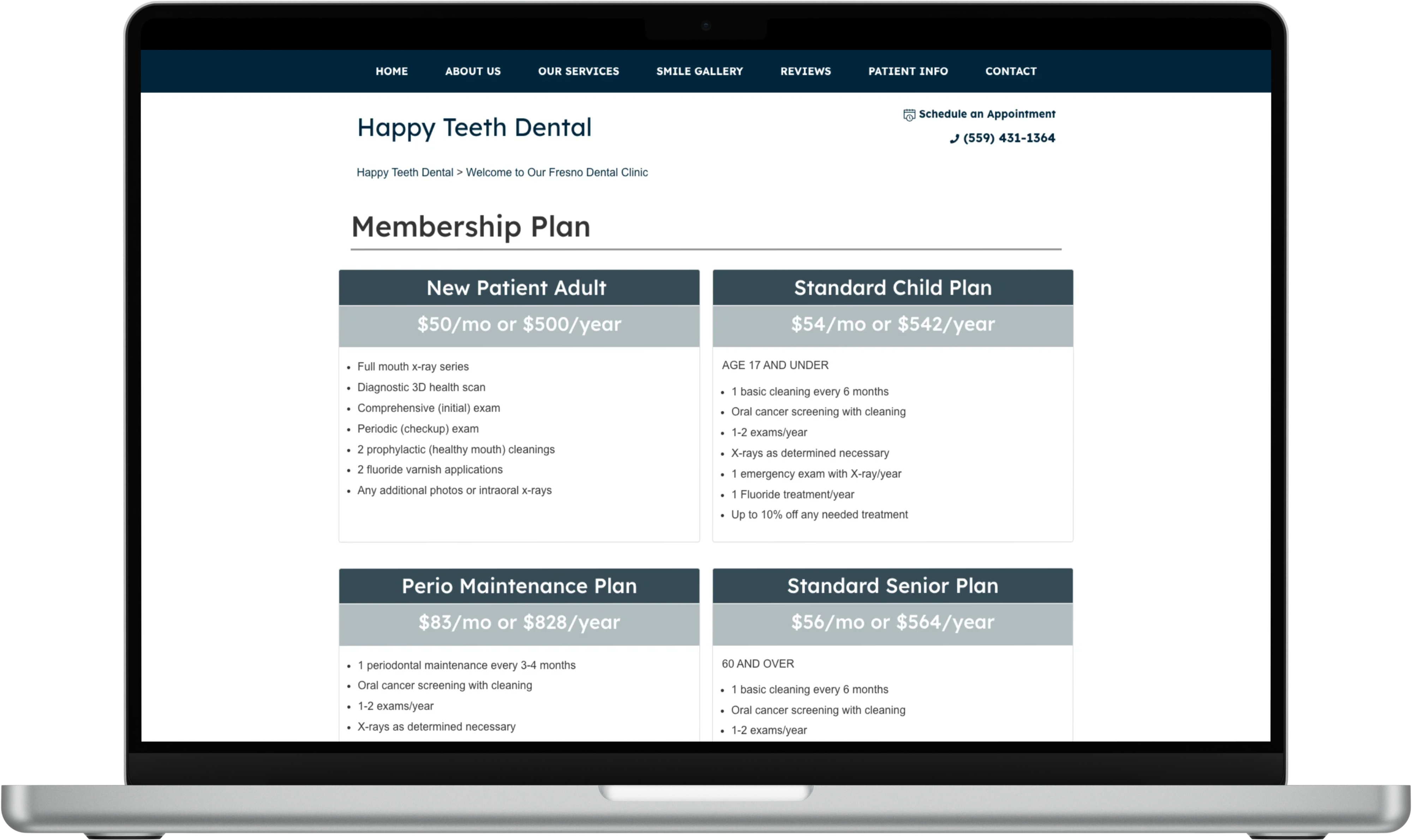 Membership plan example on a dental website